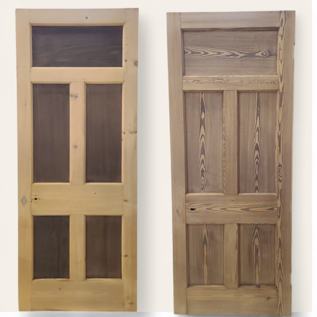 Door dipping process in the UK removing multiple layers of paint from a solid wooden door using professional dip and strip service